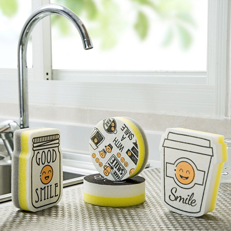 4PCS Smiley Face Thick Cleaning Sponge Strong Decontamination Dish Washing Cloth Kitchen Cleaner Sponges Scouring Pads