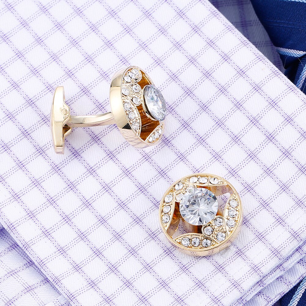 Luxury Gold Mens Cufflinks with Crystal Wedding French Shirt Cuff links Sleeve Buttons Men&#39;s Jewelry Accessories Cuffs