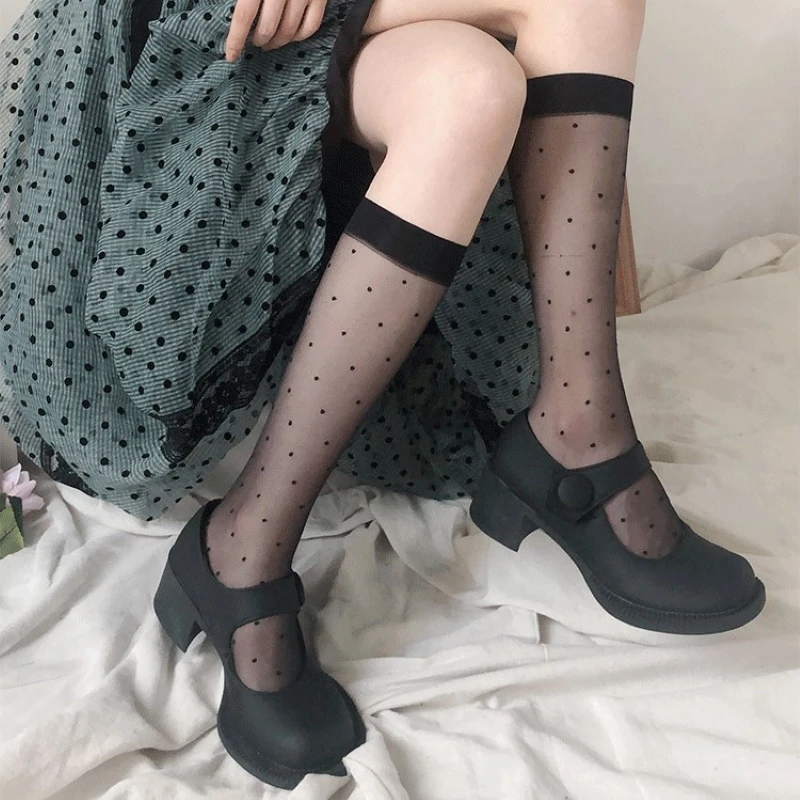 Medias sexis con estampado de lunares para mujer, calcetines hasta la rodilla, rejilla elástica de nailon suave, calcetines de pierna larga a la para niñas, color negro