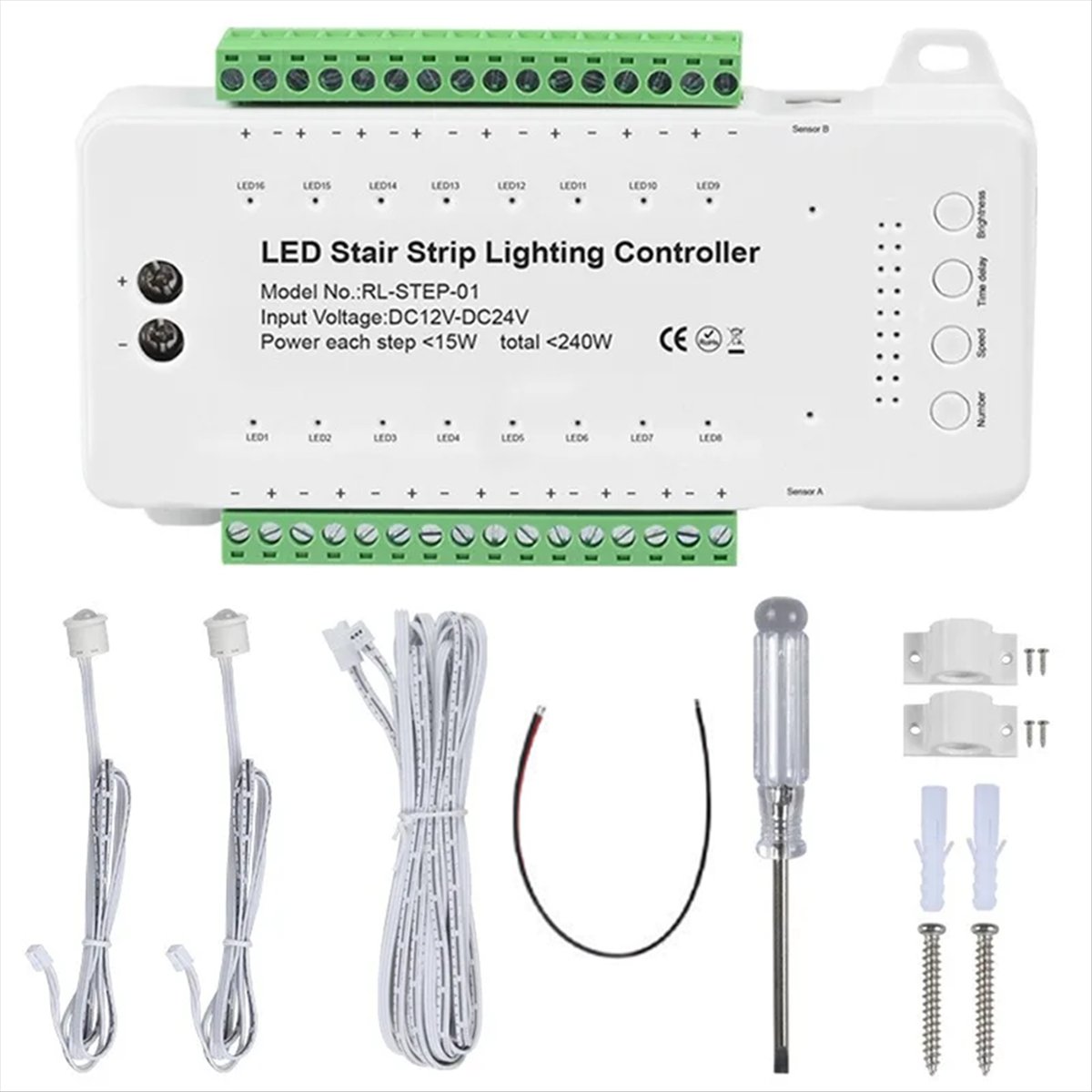 Delighted- 16 Channels Led Stair Light Staircase Controller 2 PIR for Indoor Flexible LED COB Strip Light Without Remote Control