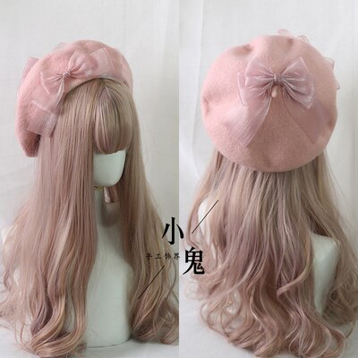 Japanse Kawaii Baret Hoed Lolita Tiener Hart Zoete Wollen Handgemaakte Cute Lace Strik Warme Herfst Winter Schilder Hoed Hoofdtooi: 11