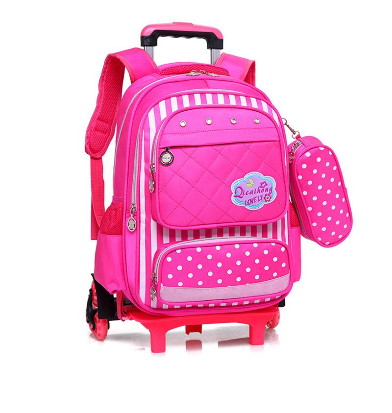 Kids 2/6 Wheels Removable Trolley Backpack Wheeled Bags School Bag for Boys Girls Travel Bags Child School Backpack Mochila: six wheels rose red