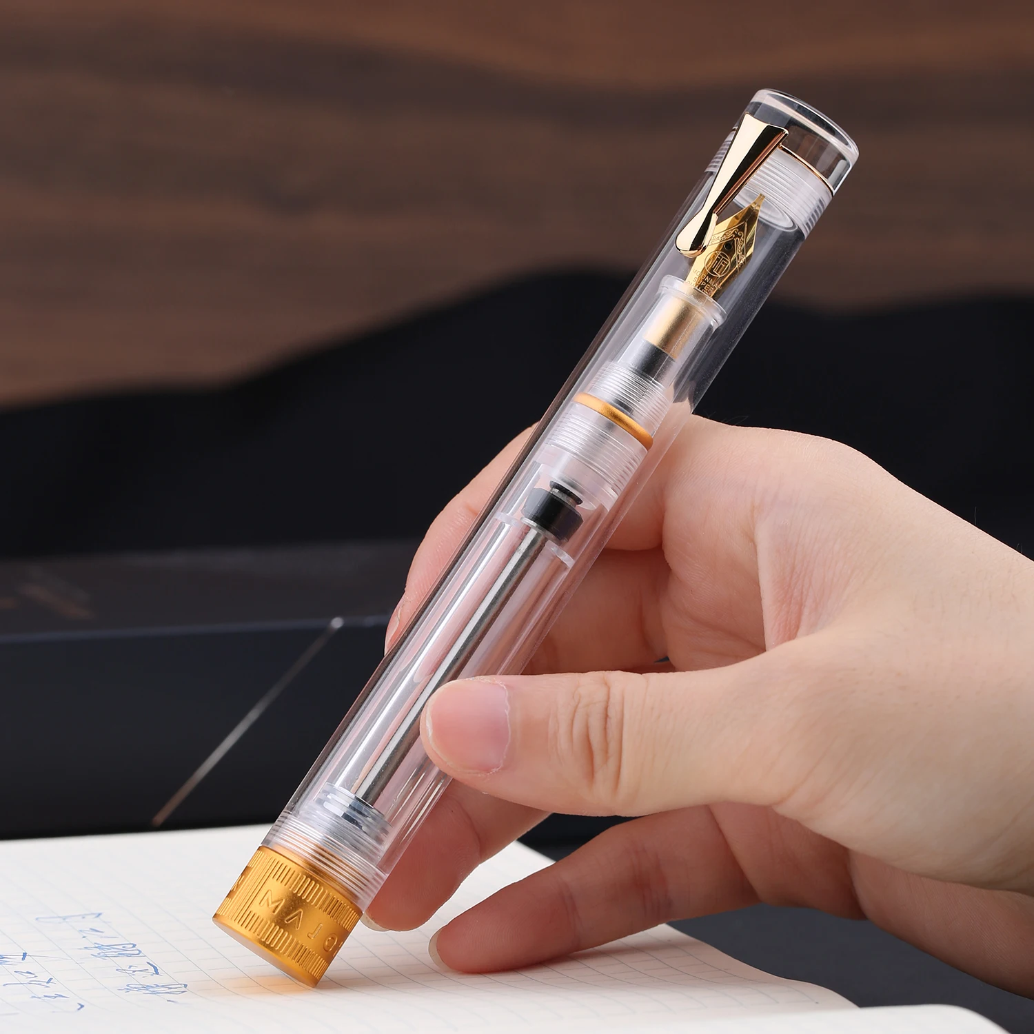 Majohn V1 Vacuum Filling Fountain Pen EF/F/M/ Bent Nib, Transparent Resin Golden/Silver Clip Demonstration Writing Pen