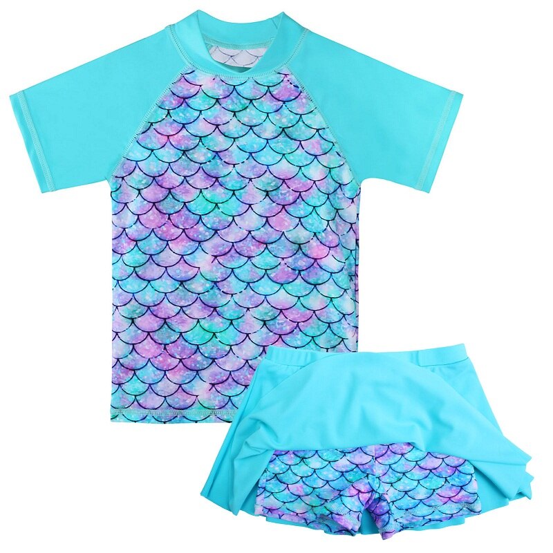 BAOHULU Short Sleeves Cute Girls Swimsuit 2 Pieces Shorts Skirt Girls Swimwear for Kids Cyan Tree Print UPF50+ Bathing Suit: S360 ScaleCyan / 4A