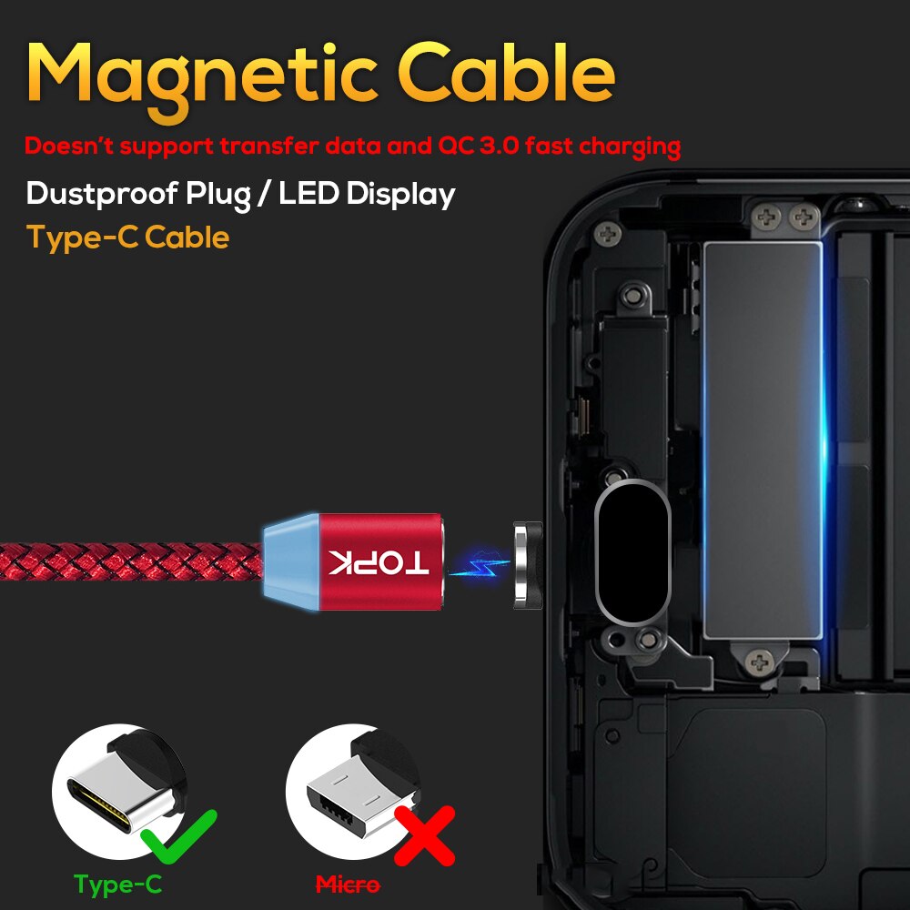 Topk Magnetische Usb-kabel Magneet Recharge Usb Type C Kabel Micro Usb Voor Samsung S9 S10 Xiaomi Redmi Note Pro android Telefoon Kabel