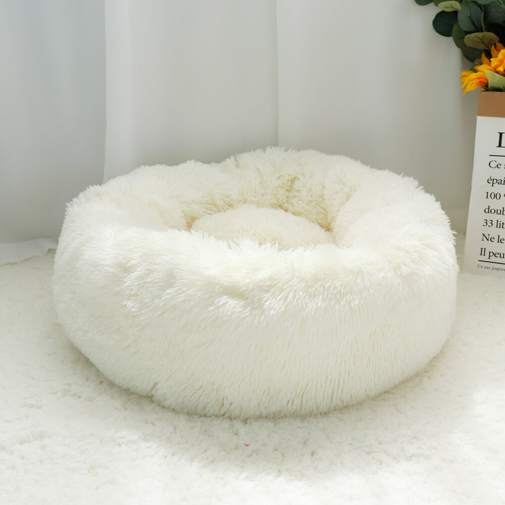 Warm Hond Kat Bed Zachte Fleece Ronde Huisdier Kussen Mat Voor Kleine Medium Grote Honden Kat Lange Pluche Winter Hond kennel Puppy Bed Sofa: WHITE / Diameter 80cm