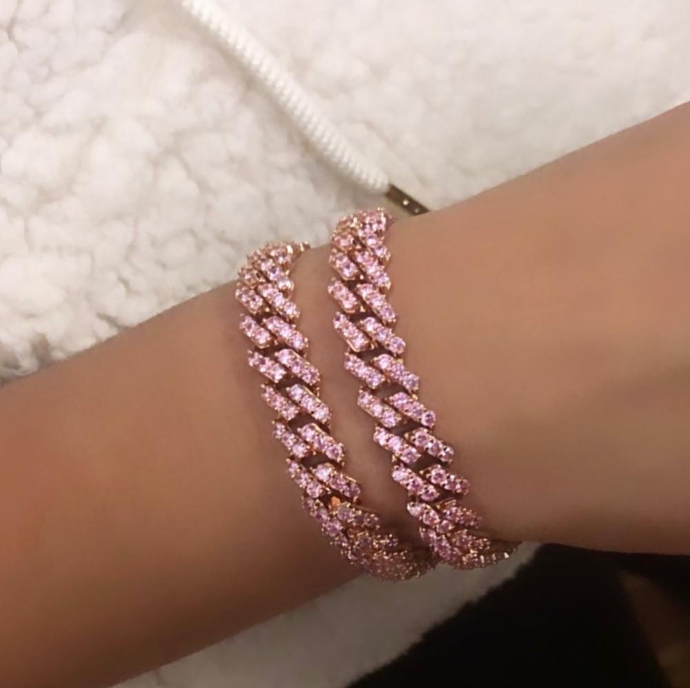 9mm width pink pinky white cubic zirconia cz Miami cuban link chain bracelet for women girl 17cm 19cm