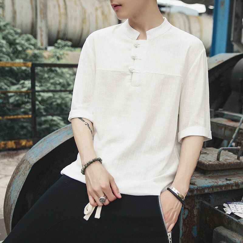 Sommer kortermet lin t-skjorte menn kinesisk stil knapp pluss størrelse løs bluse mannlig tradisjonell hanfu kung fu t-skjorter antrekk