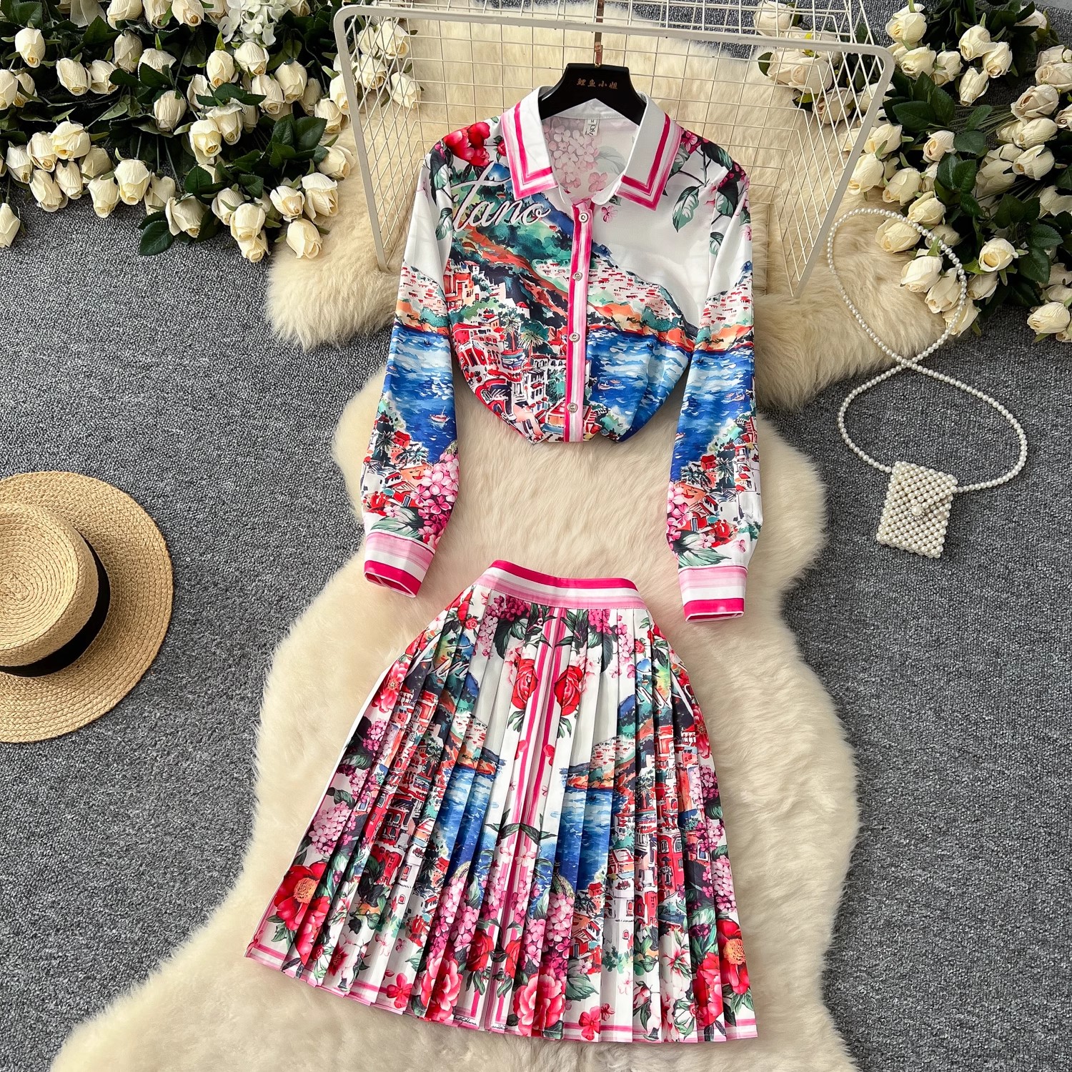 Sommar catwalk vacker blommig kjol kostym långärmad tryckt skjorta toppar + veckad minikjol dam s 2- delade outfits kjol: Xxl / Blå