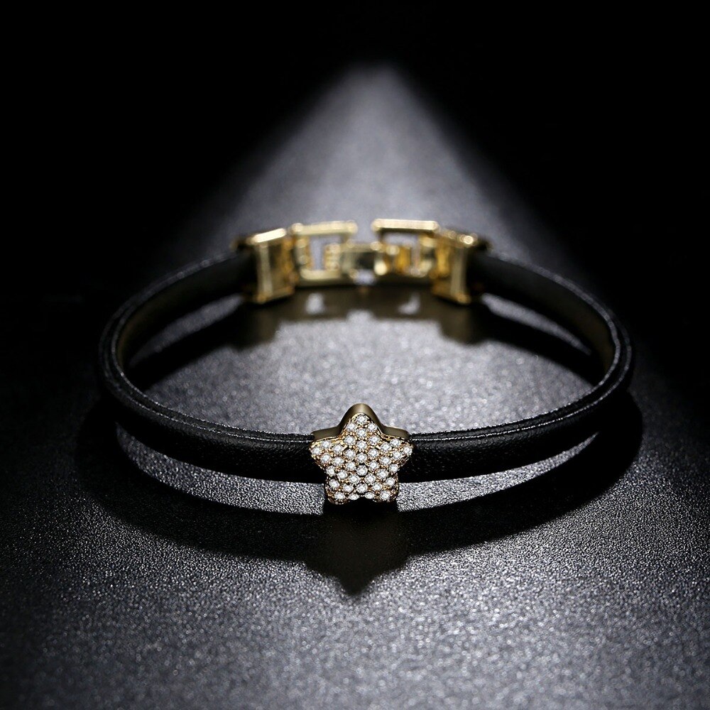 LUOTEEMI Trend Leather Simple Geometric Zircon Bead Handmade Charm Bracelets &amp; Bangles for Women Trendy Black PU Leather Jewelry: Light Yellow Gold Color