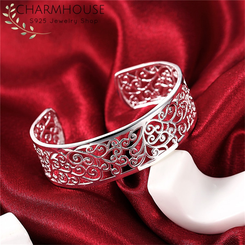 Charmhouse 925 silverarmband för kvinnor breda blomarmband & armband armband pulseira femme vintage brudsmycken