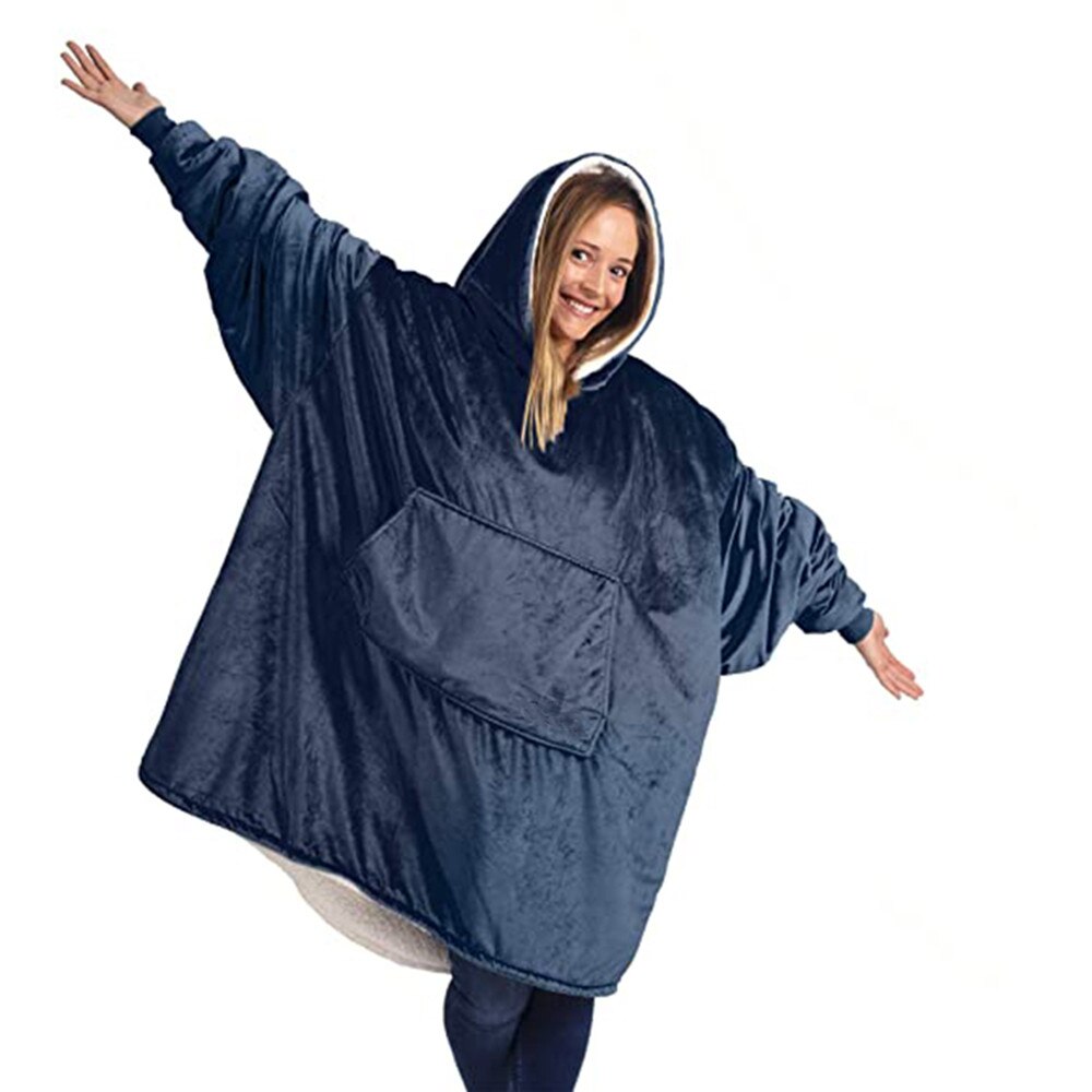 Winter Sherpa Blanket With Sleeves Outdoor Hooded Pocket Blankets Warm Soft Hoodie Slant Robe Bathrobe Blanket Sweatshirt