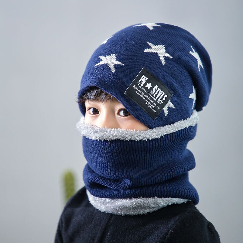 Søte barn vinter ull lue smekke dress fortykket varm strikket lue baby lue foreldre-barn dress kaldsikker plysjhette: Marinen