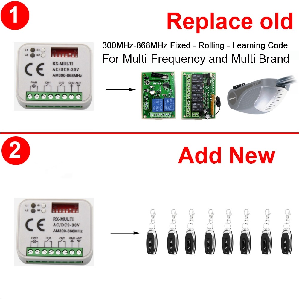 Rx Multi 433 Een 900 Mhz 300-868Mhz Ac Dc 9-30V Universele Afstandsbediening Garagedeur Ontvanger 2 Kanalen Poort 868Mhz Barrière Fob