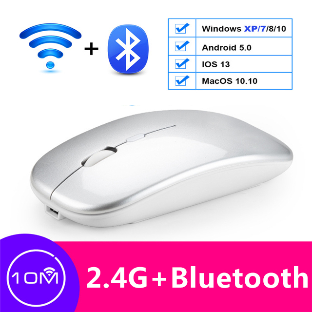 Draadloze Muis Oplaadbare Bluetooth Mouse Geruisloze Mause Wifi Muizen Usb Muizen Voor Pc Desktop Laptop Accessoires Ergonomische Muis: Bluetooth Silver