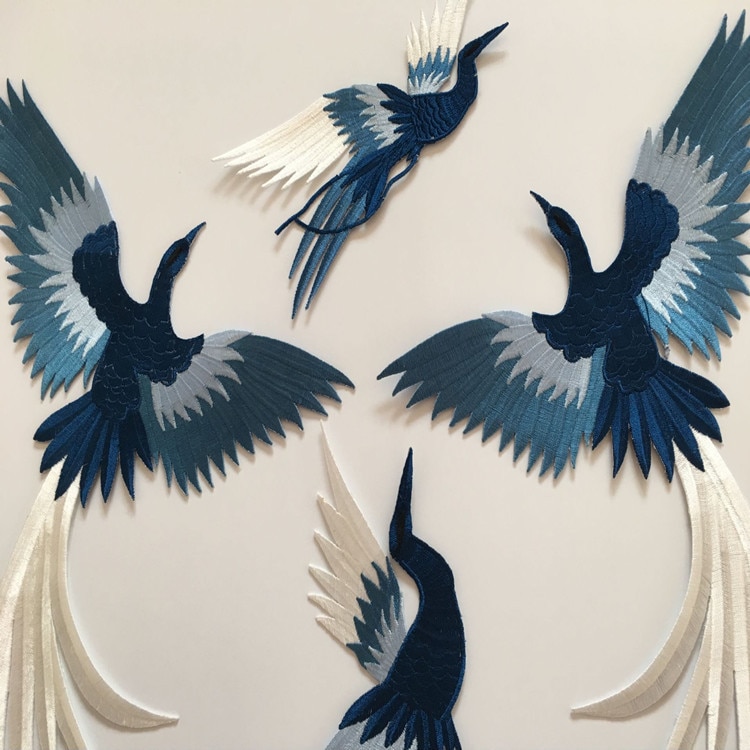 Pegatinas de tela para bordado de aves, pegatinas de parche azul de phoenix, decoración de ropa, accesorios cheongsam, planchado adhesivo artesanal