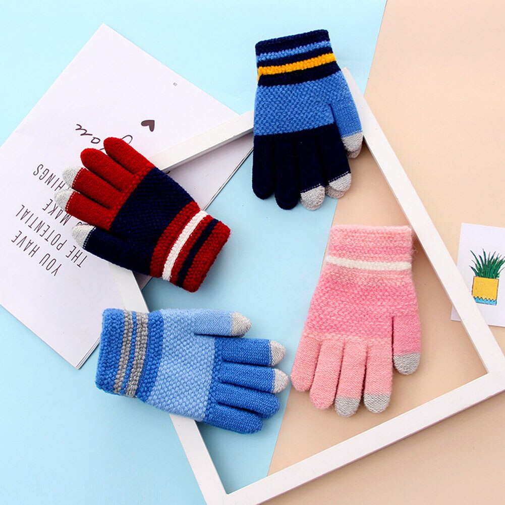 Vinter børn stribe fuld finger touch screen strikkede handsker varme tykkere vanter vinter børn varme handsker 4 farver