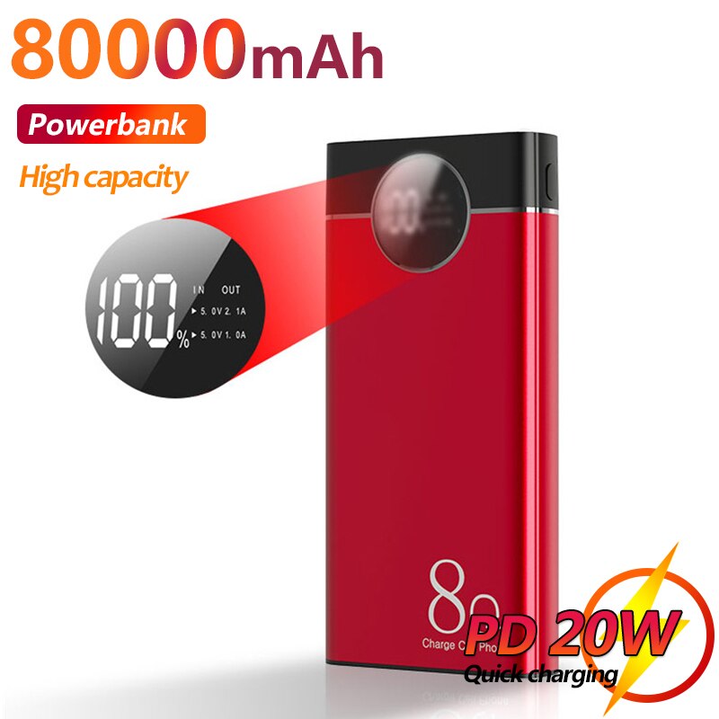 80000 mah powerbank mit großer kapazität, digitalanzeige, led-anzeige, zwei usb-anschlüssen und sicherem schnellladeanschluss.