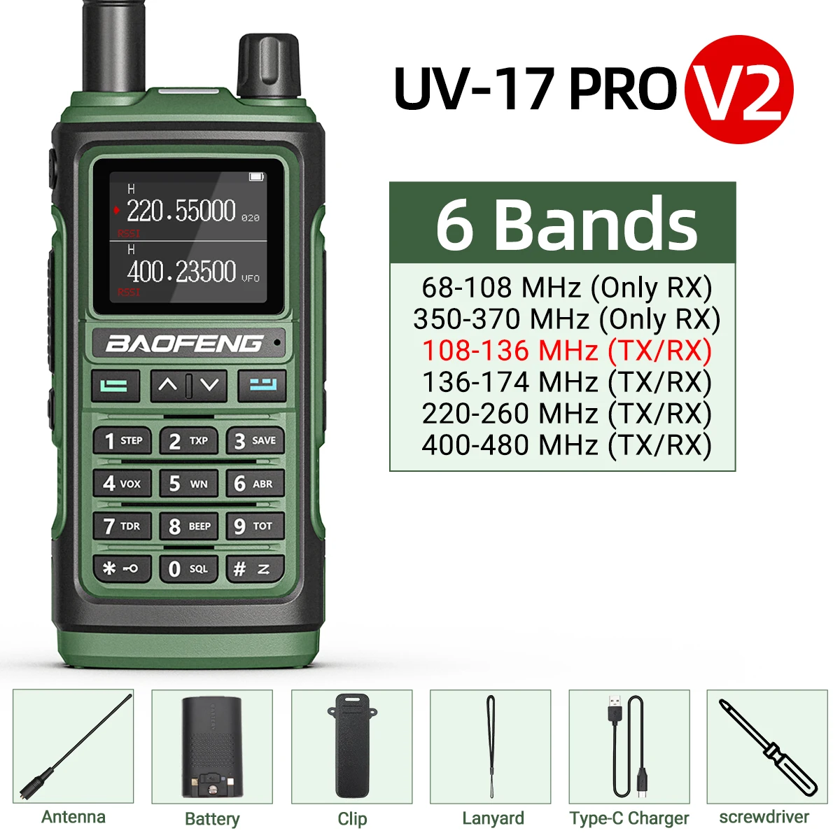 Baofeng UV-17 Pro V2 Walkie Talkie Tri Band Wireless Copy Frequency Long Range powerful Type-C UV-5R UV-21 Pro Ham Two Way Radio: black / EU