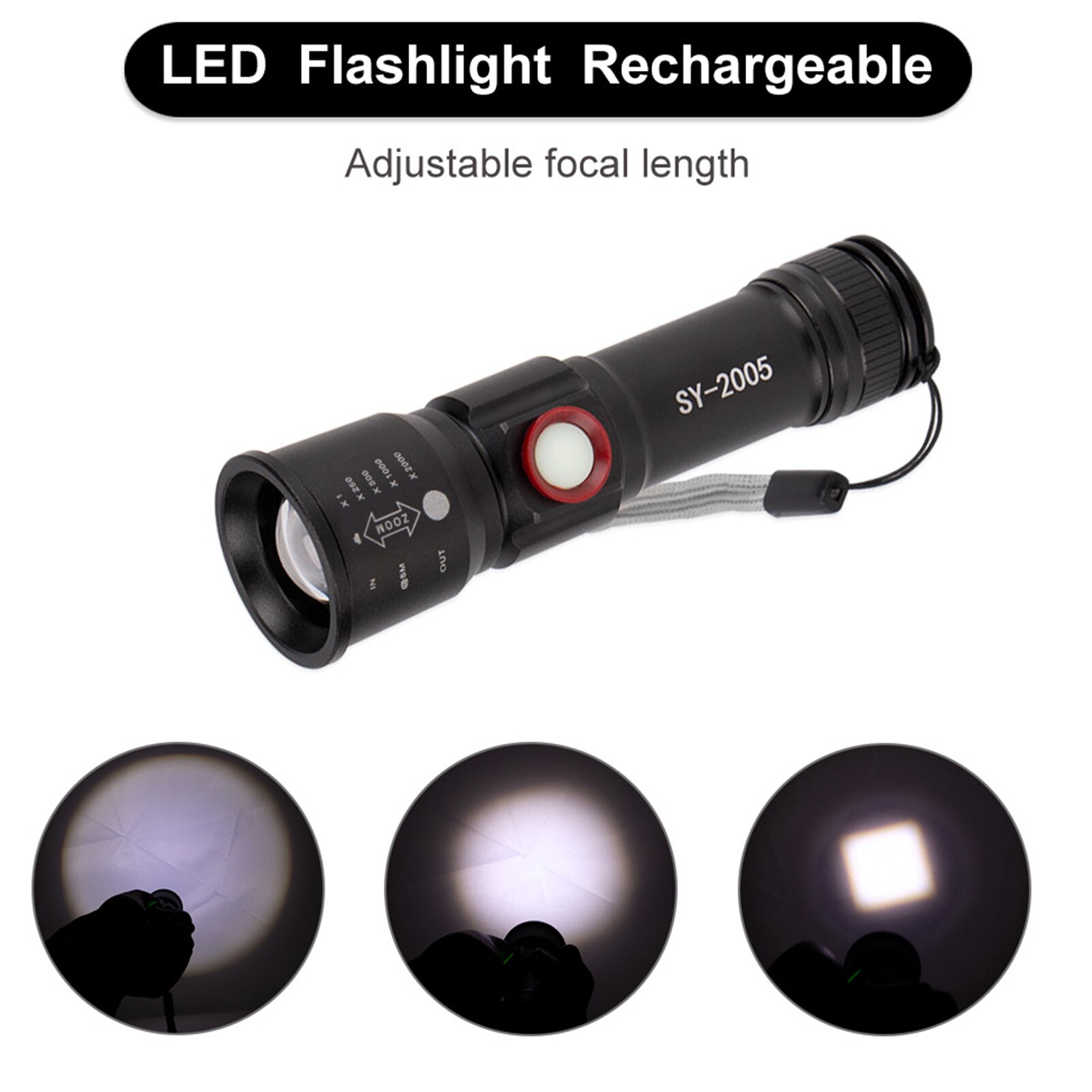 LED Flashlight Adjustable Focus Zoom 3 Modes USB Flashlight For Outdoor Camping