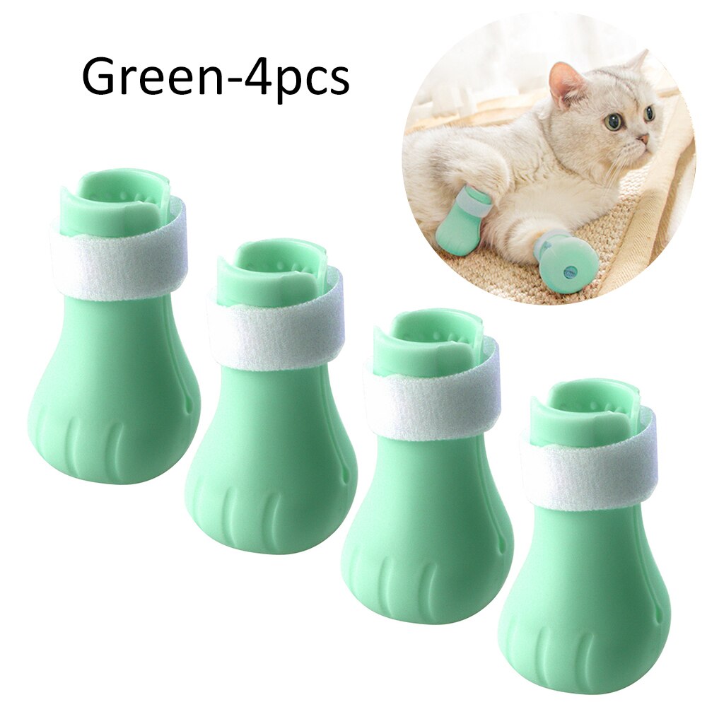Chaussures anti-rayures en Silicone pour chat, bottes réglables pour animaux de compagnie, bain, lavage des griffes, couverture de patte, protecteur, fournitures de toilettage, 4 pièces: Green