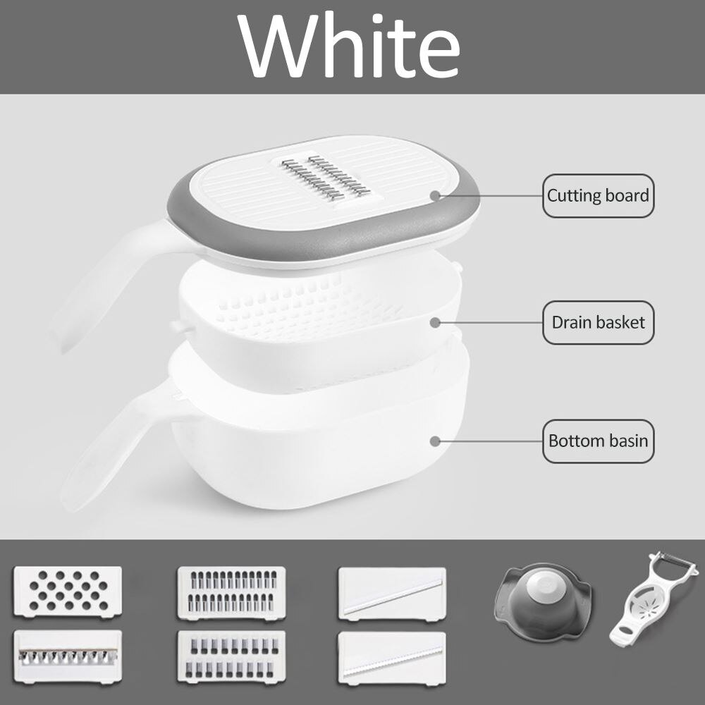 Multifunctionele groentesnijder gadget fruit aardappelschiller wortel kaasrasp groentesnijder afvoermand keukengereedschap: Wit