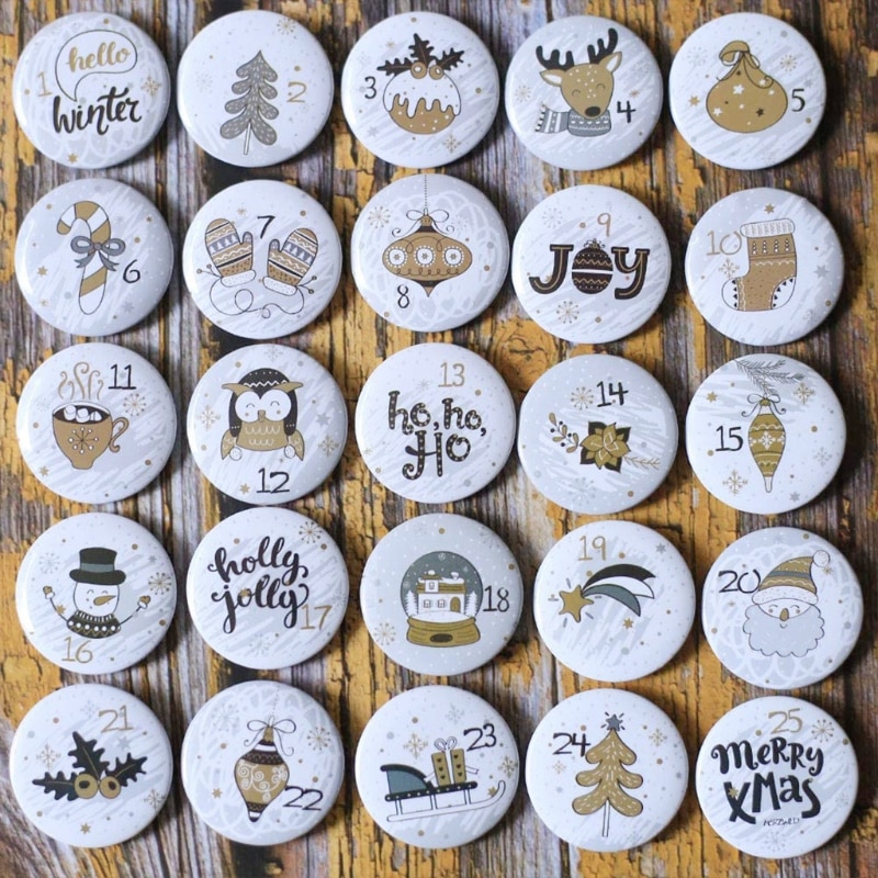 24Pcs Merry Christmas Button Pins Advent Calendars Numbers Label Plastic Badges Brooch for DIY Xmas Bag Decoration