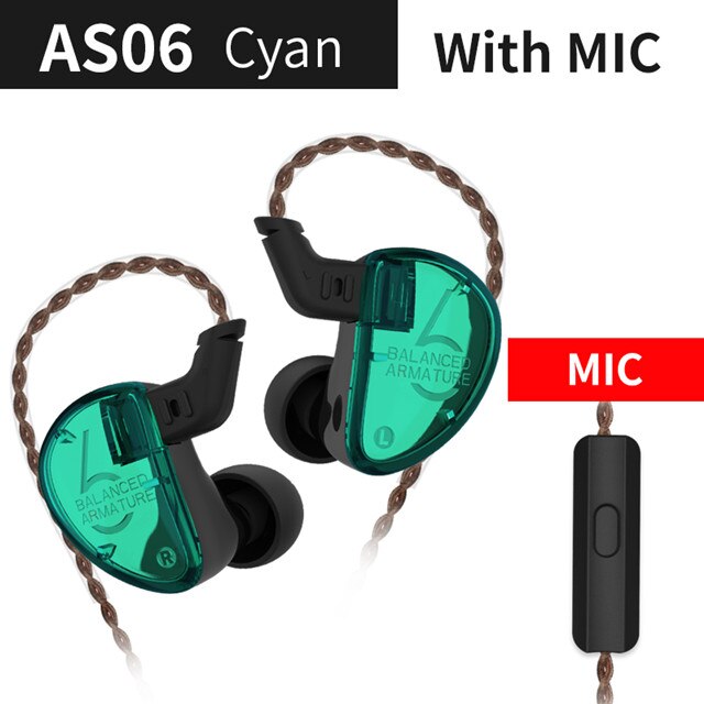 KZ AS06 3BA Balanced Armature In Ear Earphone HIFI Running Sport Earphones Earplug Headset KZ ZS10 ZSX ZST AS16 ZSN ZSTX V90 BA5: cyan with mic
