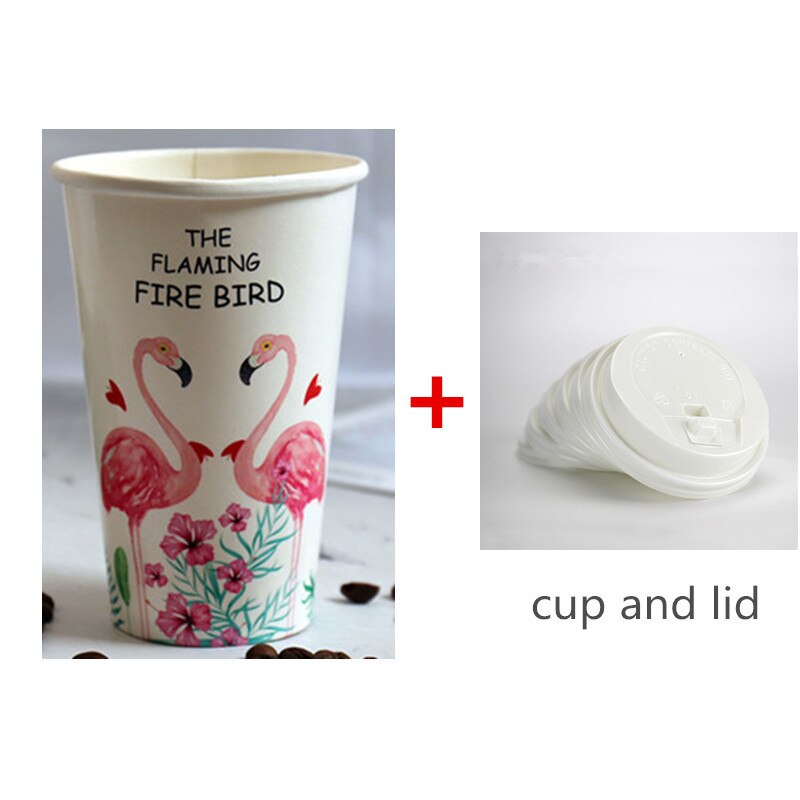 50pcs white flamingo cup 500ml disposable coffee cup party birthday favor beverage paper cup with love lid: cup and lid2 / 700ml 50pcs