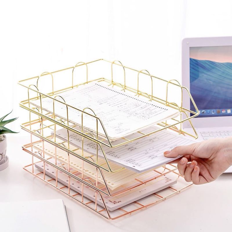 Rose Gold Wrought Iron Storag Rack Magazine Book Holder Stand Metal Baskets Office Desktop File Organizer Cosmetic Storage Box