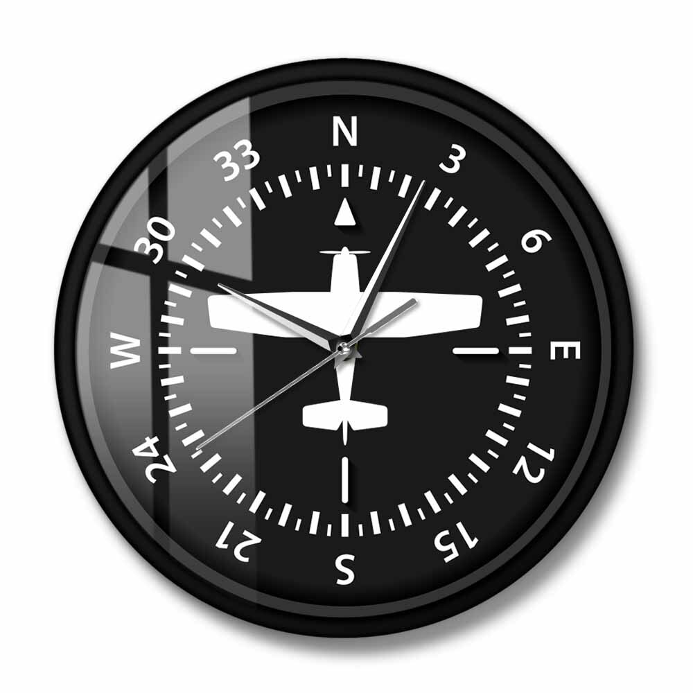 Steering Wheel Flight Instrument Compass Wall Clock Turns Pilots Aviation Aircraft Home Décor Airplane Silemt Movement Watch: Metal Frame
