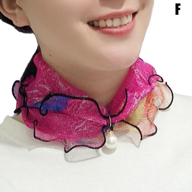 Pearl Lace Variety Scarf For Women Lady Silk Chiffon Scarf Lace Hair Variety Pearl Neck Bandana Scarves: F