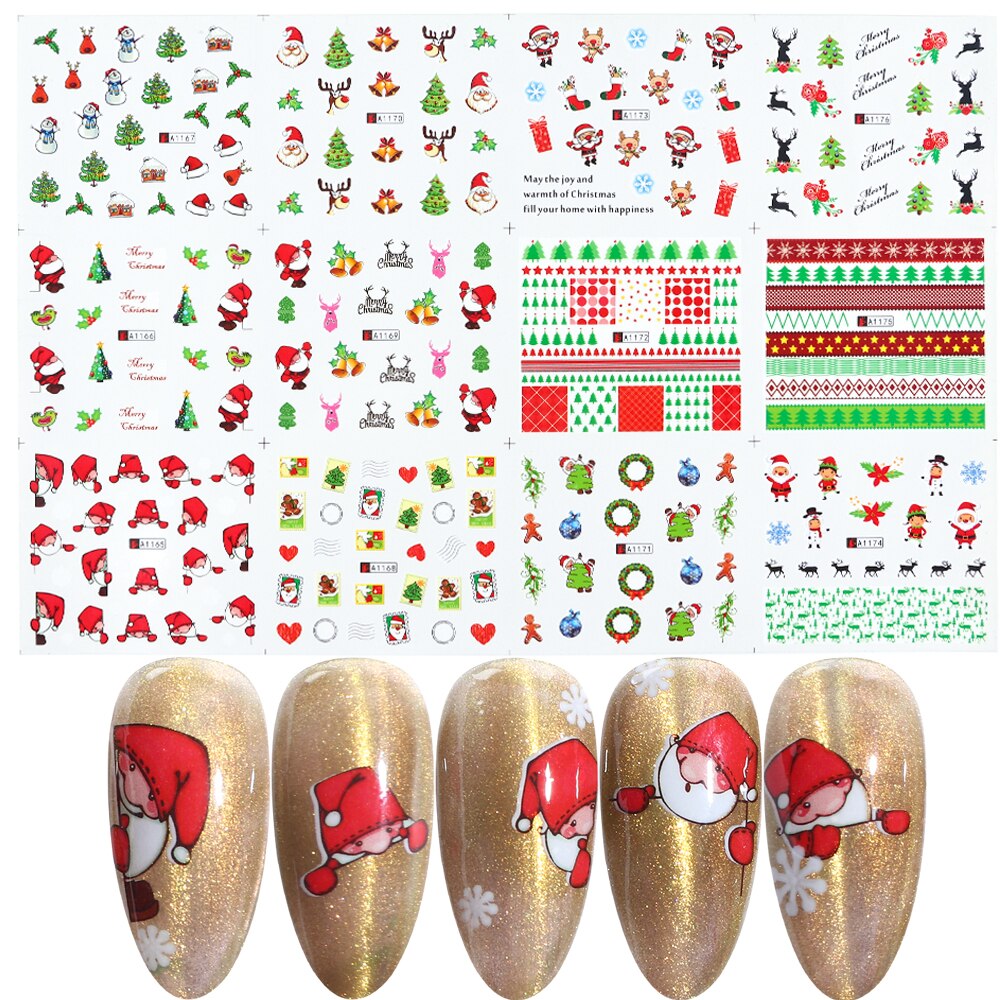 Deslizador de uñas de Navidad, 1 Uds., de uñas de Año de Papá Noel, Elk, muñeco de nieve, ciervo, tamaño grande, cubierta completa, pegatina de transferencia de uñas de agua GLBN/A-1: A1165-1176