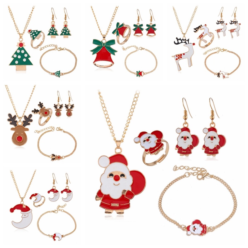 5pc julekvinder smykkesæt julemand elg klokke øreringe halskæde armbånd indretning jul til pige kvinder kone mor veninde