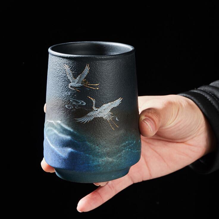Unik udsøgt kinesisk klassisk stil keramisk kop hjemmekontor krus kaffekop stor øl krus kunst tryk creme flaske