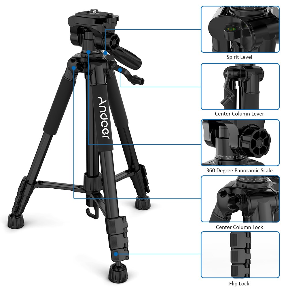 Andoer 2 Choice 57.5inch Travel Lightweight Camera Tripod for Video Shooting DSLR SLR Camcorder with Carry Bag Phone Clamp