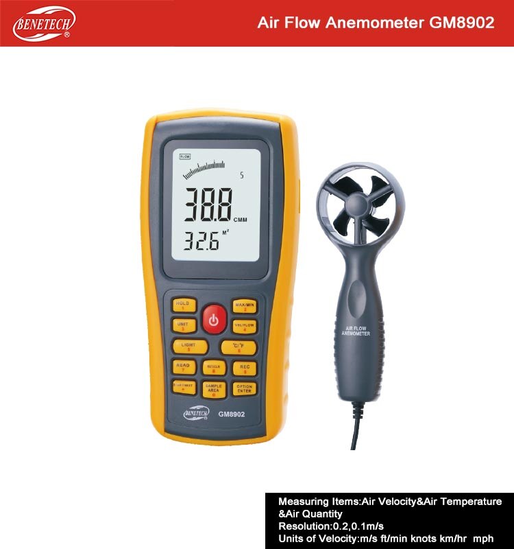 GM816 Digital Mini Anemometer Wind Speed Gauge Meter LCD Handheld Airflow Windmeter Thermometer: GM8902