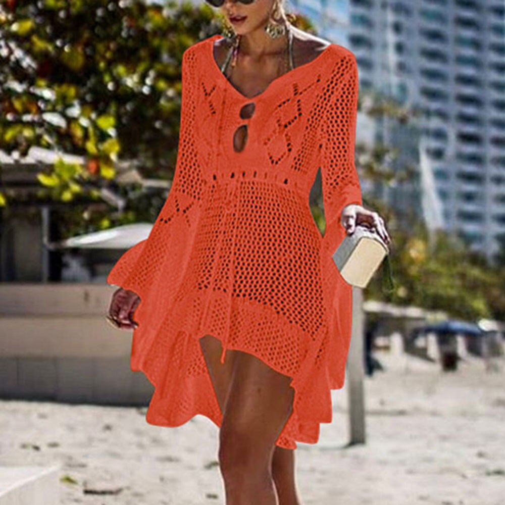 Sfit mujeres Crochet punto cubrir túnica de playa vestido largo Pareos Bikini cubrir traje de baño bata de playa Plage: orange