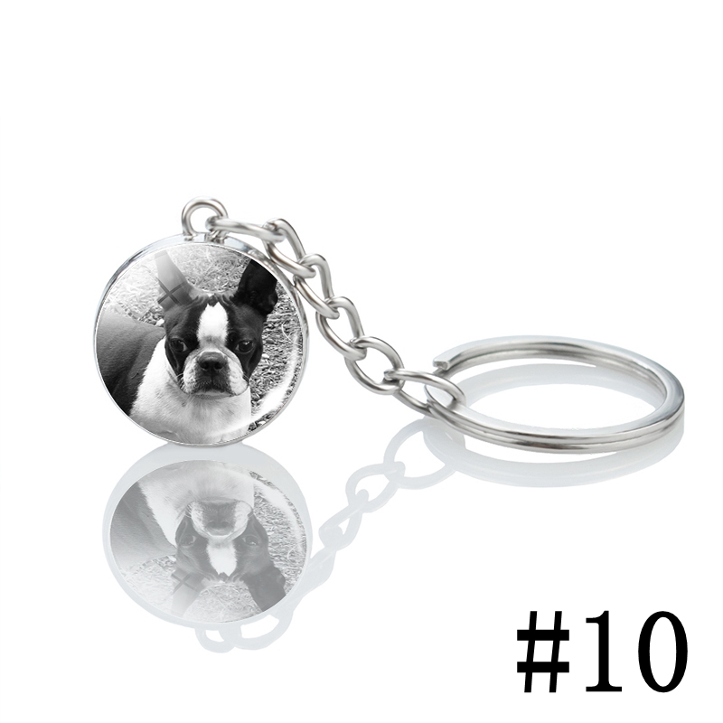 Men's Boston Terrier Keychain Black and White Dog Photo Glass Ball Pendant Keyring Decoration Pendant for Women: Silver