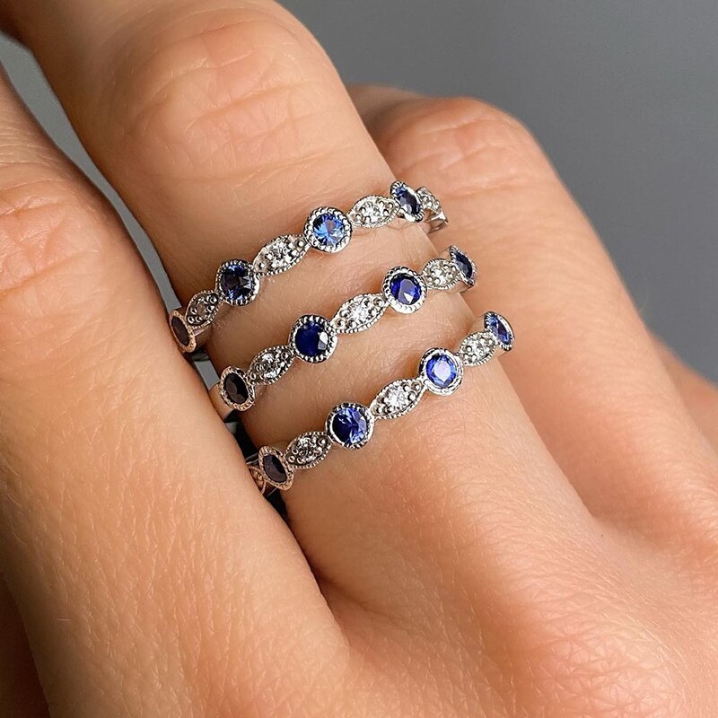 Huitan – bague de mariage Chic en zircone cubique pour femmes, rond bleu/blanc, Simple et délicat, bijoux à la