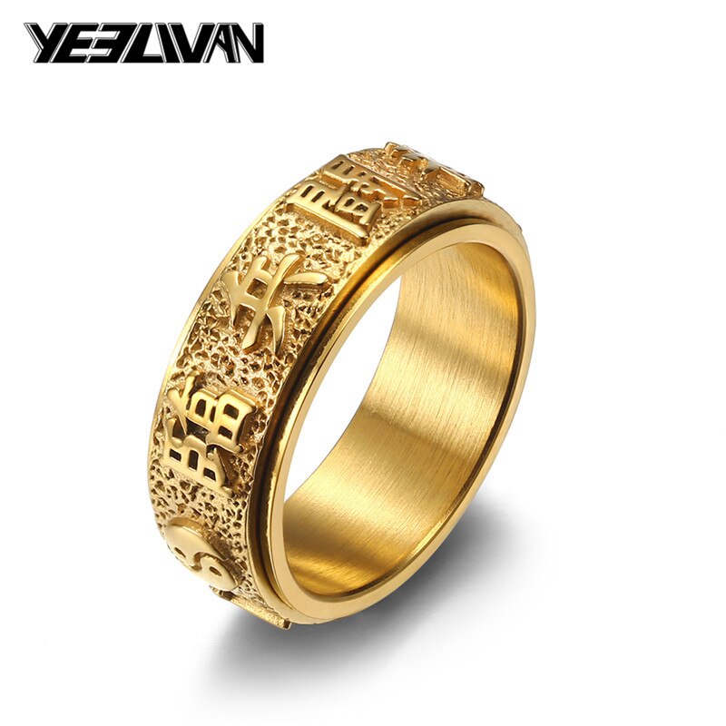 Held og lykke ring mænd kinesisk element taoist ringe vintage titanium stål punk mænd ringe drejelige kinesiske tegn smykker: 8 / Guld