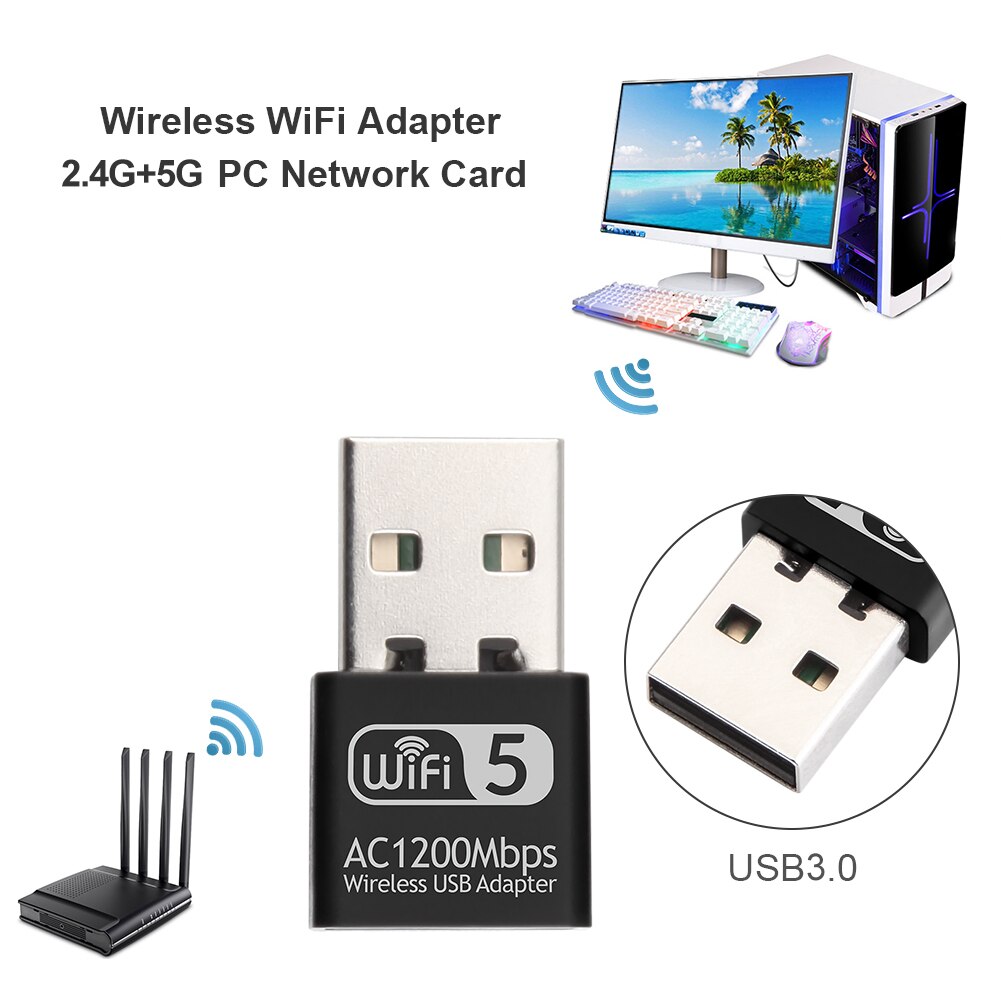 1200Mbps Dual Band 2.4G 5G High Speed Network Card Mini USB Wireless WiFi Adapter RTL8812 802.11b/g/n Ethernet Receiver Dongle