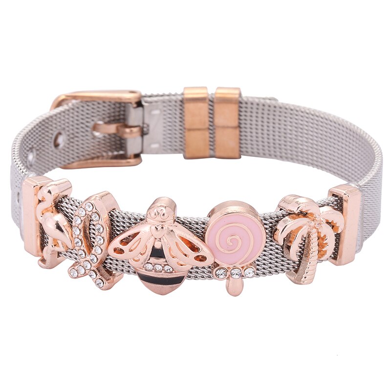 Stainless Steel Pink Lollipop Bracelet For Women Mesh Bracelet Set Crystal Bees Charm Fine Bracelets Bangles for Female Lover