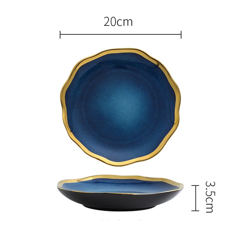 Nordic Blue Glaze Ceramic Dinner Plates and Bowls Irregular Phnom Penh Steak Plate Dessert Snack Dishes Home Tableware: D-20x20x3.5cm