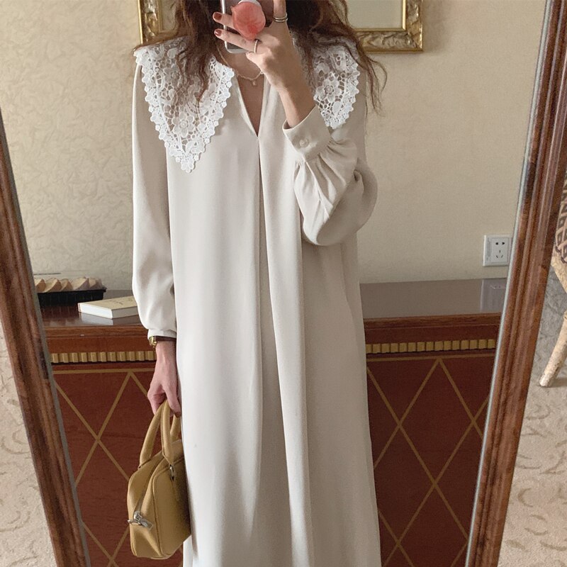 Kvinder efterår beige lang løs blondekjole v-hals lige fulde ærmer pullover maxi kjoler kvinde