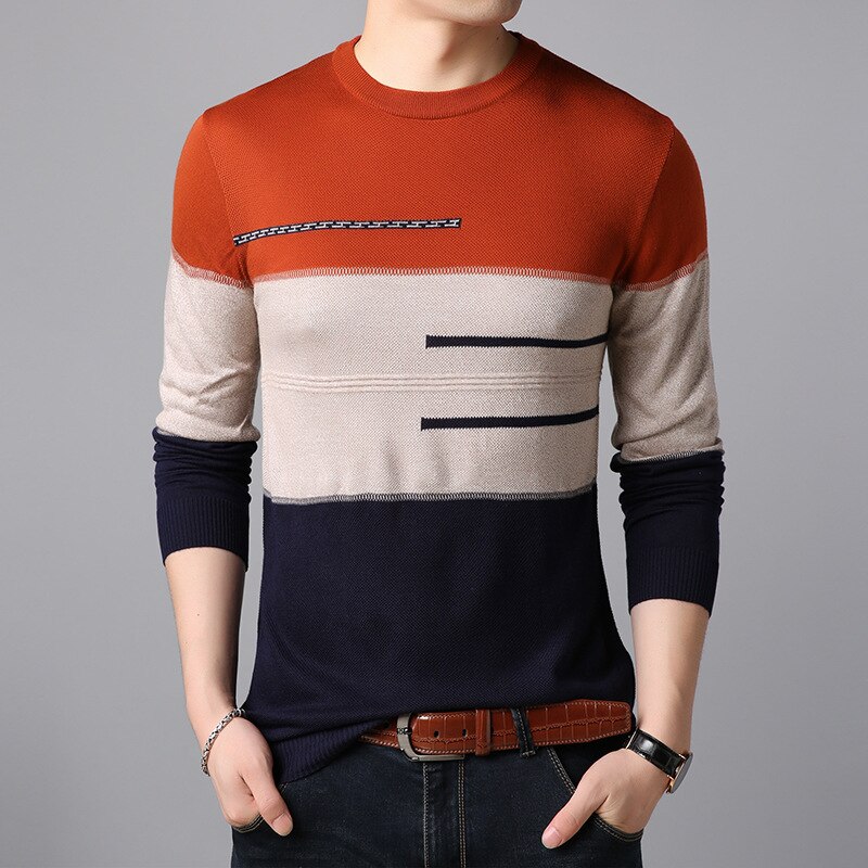Klassisk strikket genser herre genser varme stripete gensere vinter strikke klær sueter hombre casual camisa masculina: Oransje / Xl