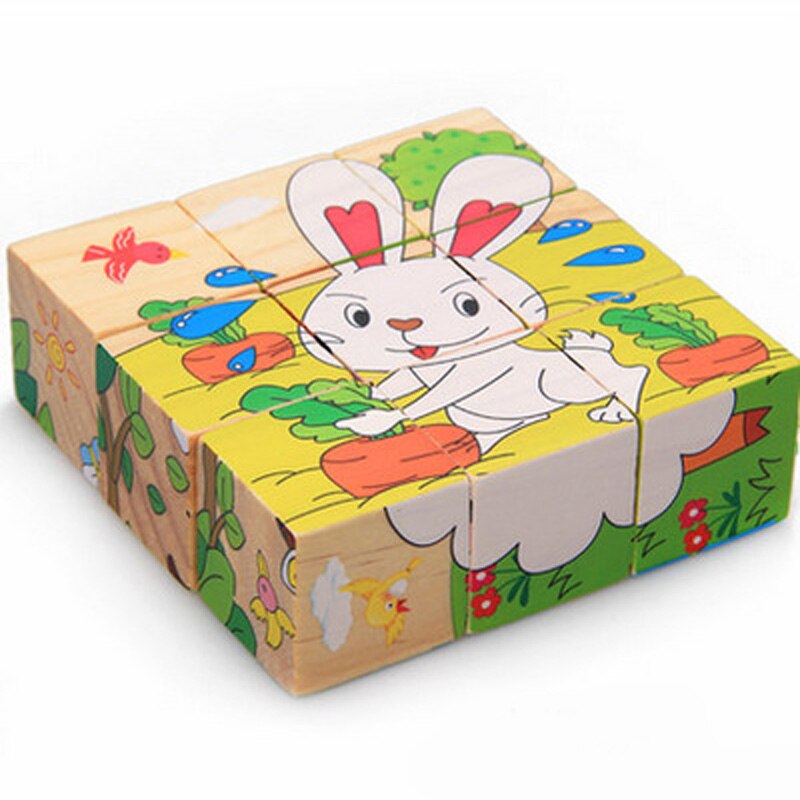 Holz Spielzeug Kinder Puzzle 3D 9 Stück Sechs Seitige Lernen Spielzeug Für Kinder Frühe Pädagogische Tier Obst Muster Kinder