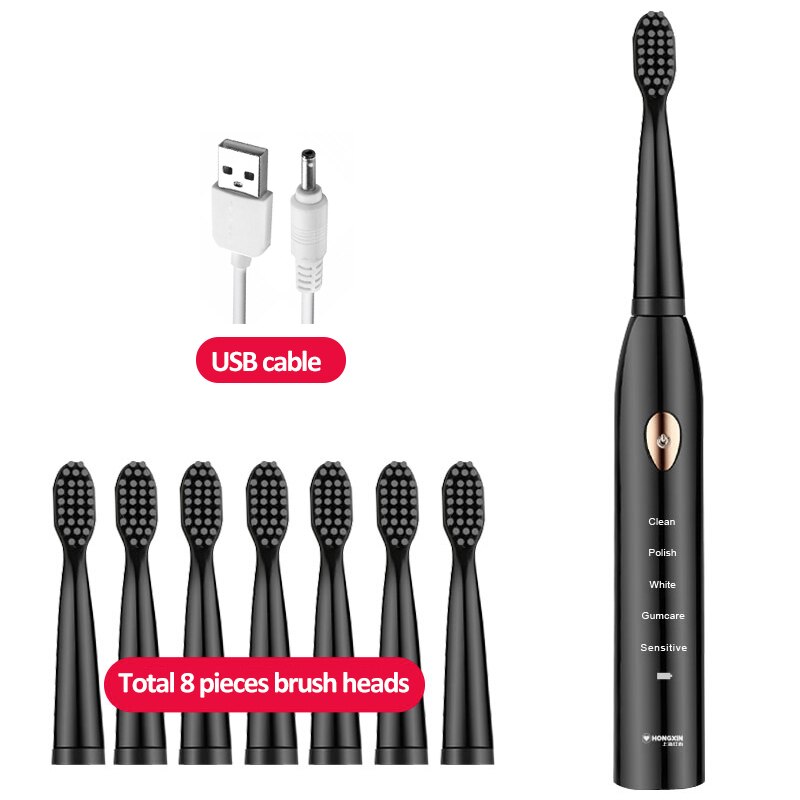 Cepillo de dientes eléctrico para adultos, recargable, 4 y 8 cabezales, boquilla Oral, sonido Dental: Black 8 heads