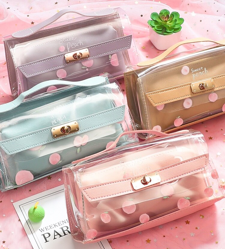 Storage Pen Case Handle Pencil Bag Transparent Pouch School Supplies Stationery Pencil Holder Rulers Organizer Pink Cosmetic Bag