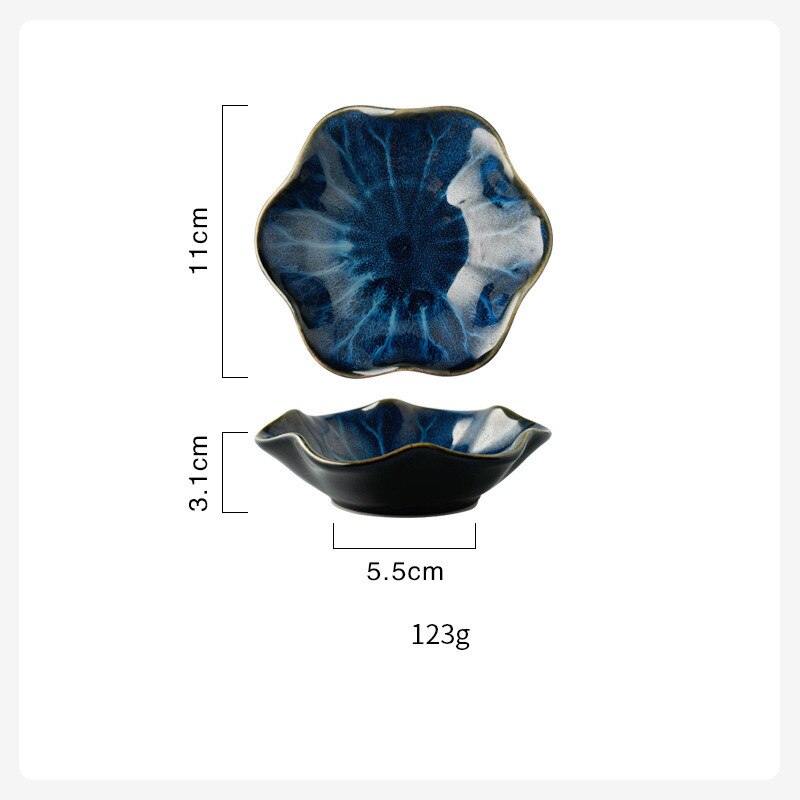 Smuk retro lotus keramisk tallerken porcelæn ovn glaseret blomst middag tallerken sauce nødder frugt bakke fest snack retter tallerken: Blå blad